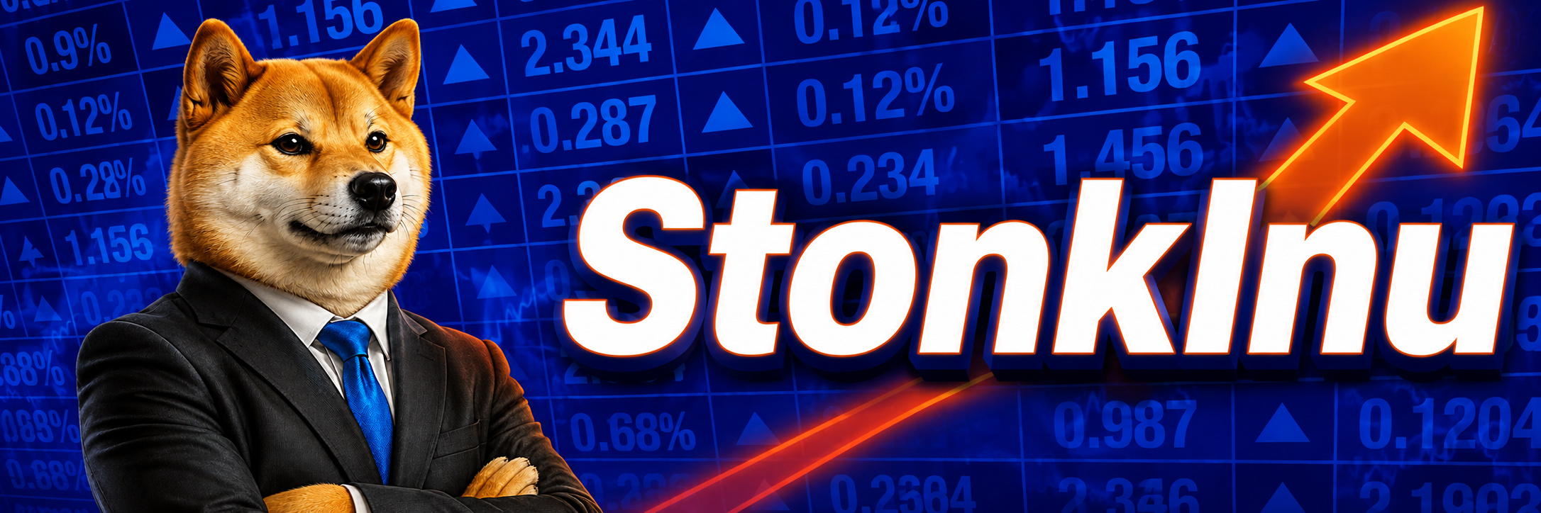 StonkInu banner — the suited Shiba beside the StonkInu wordmark and a glowing orange arrow